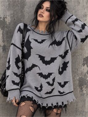 Widow Dolls Kill Straight Outta Hell Oversized Bat Sweater Gray Black Distressed